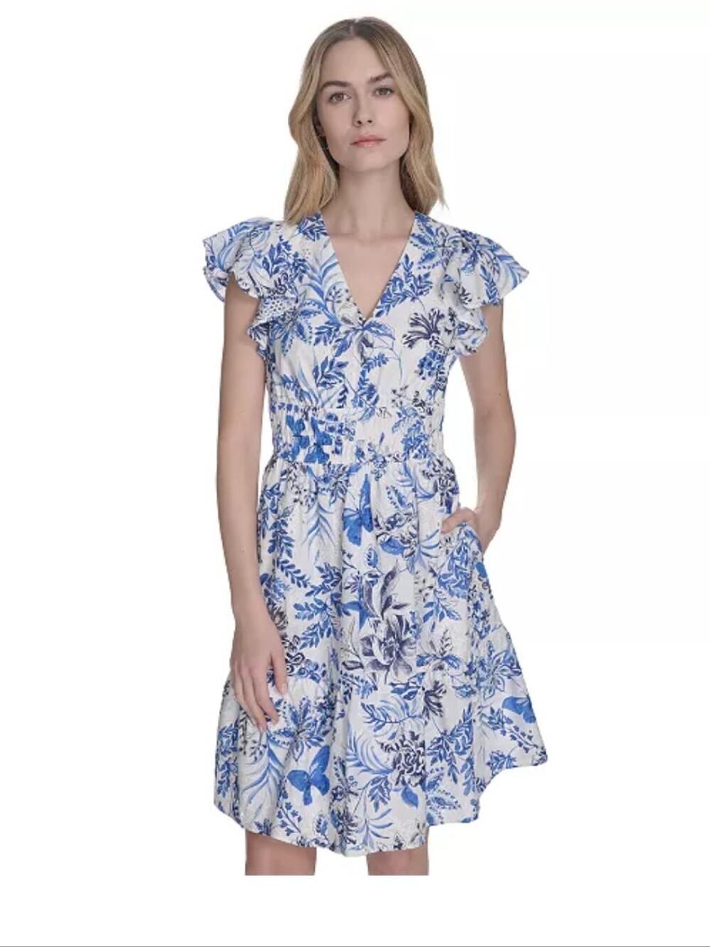 NWT Eliza J 2P Blue White Floral Flutter Sleeve Dress Petite V Neck Summer - Picture 2 of 9